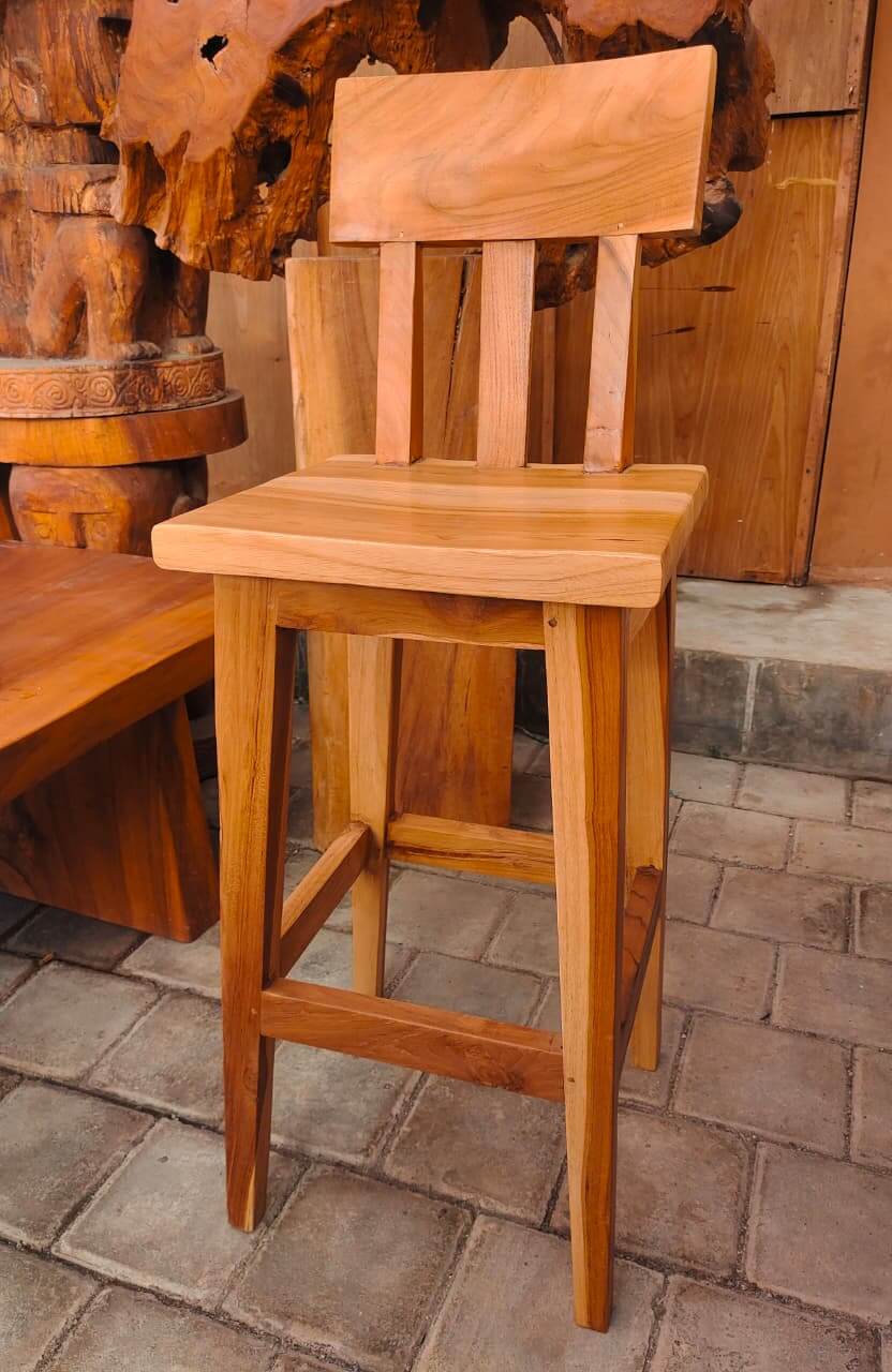 Solid wood bar chair featuring a supportive backrest and natural grain finish.