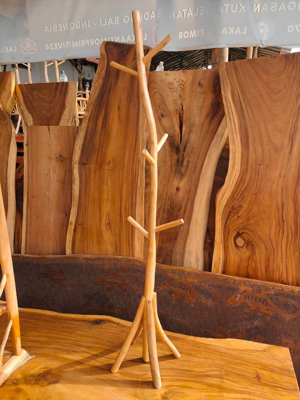 Tree style wooden jacket and helmet hanger standing rack