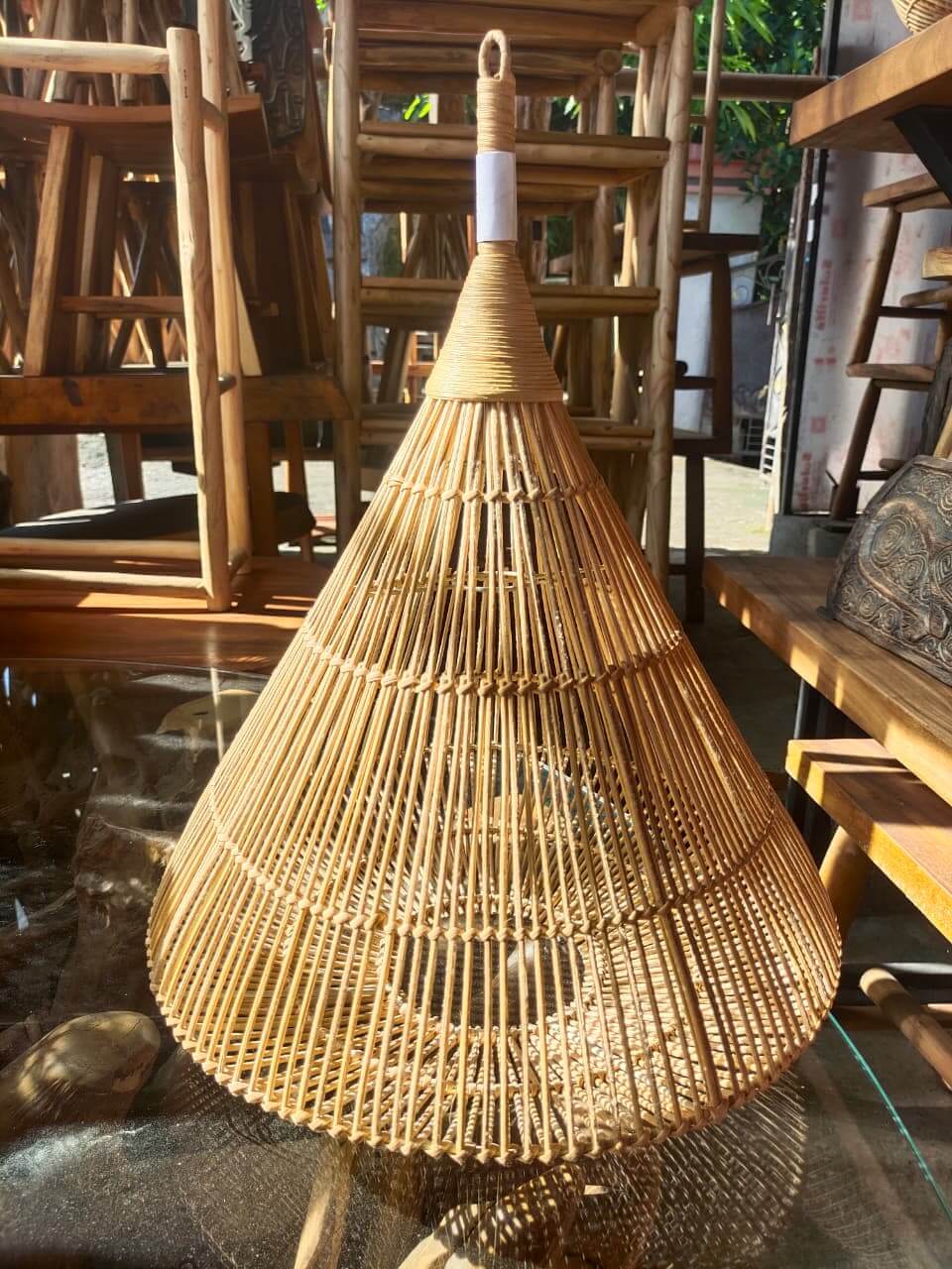 G Lamp Basket made of natural rattan with an open cone design and vertical weave
