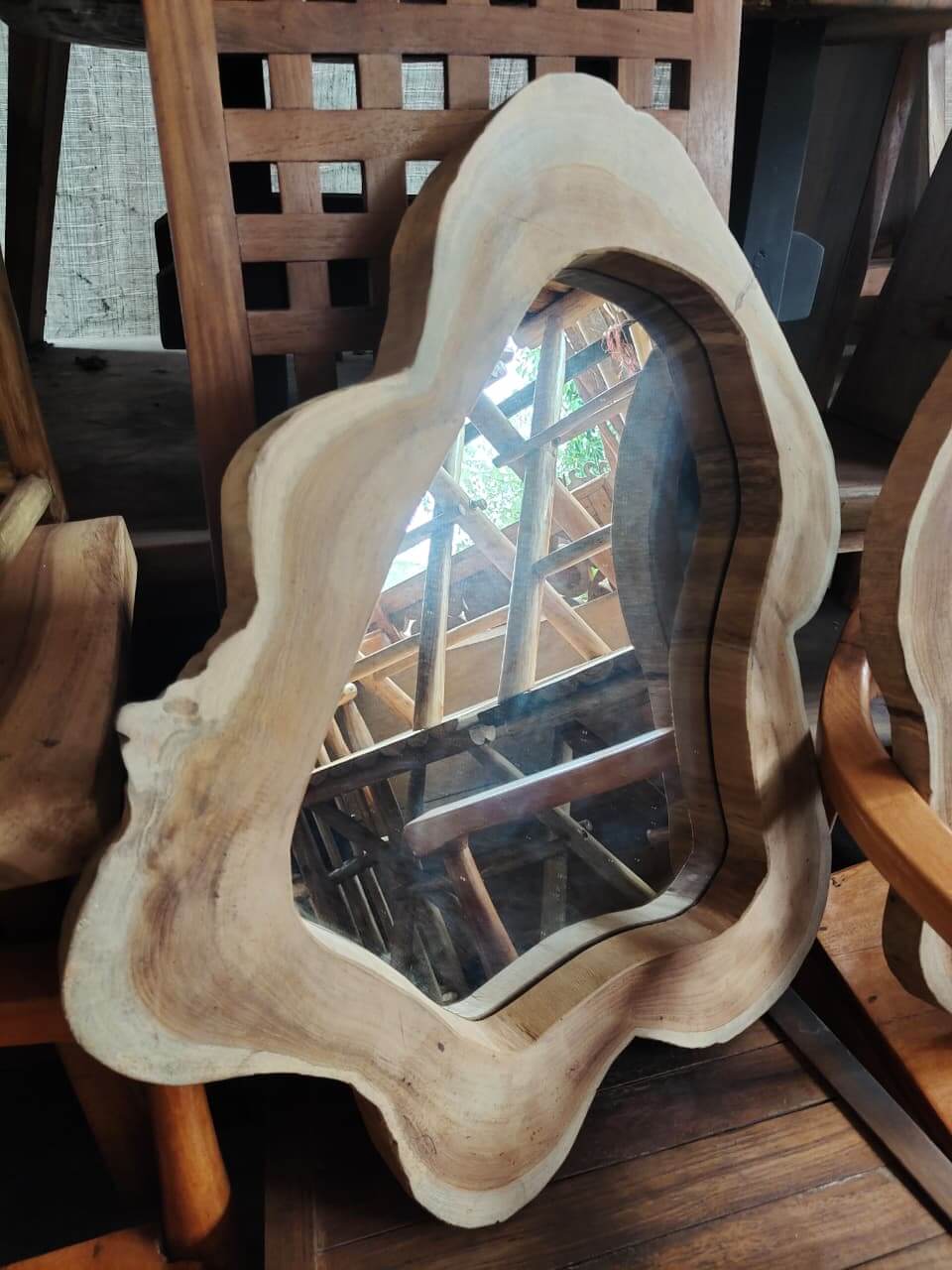 Natural wood frame mirror with organic shape and real wood grain