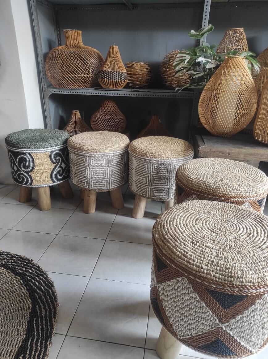 Ethnic motif woven bench with round seat and sturdy wooden legs